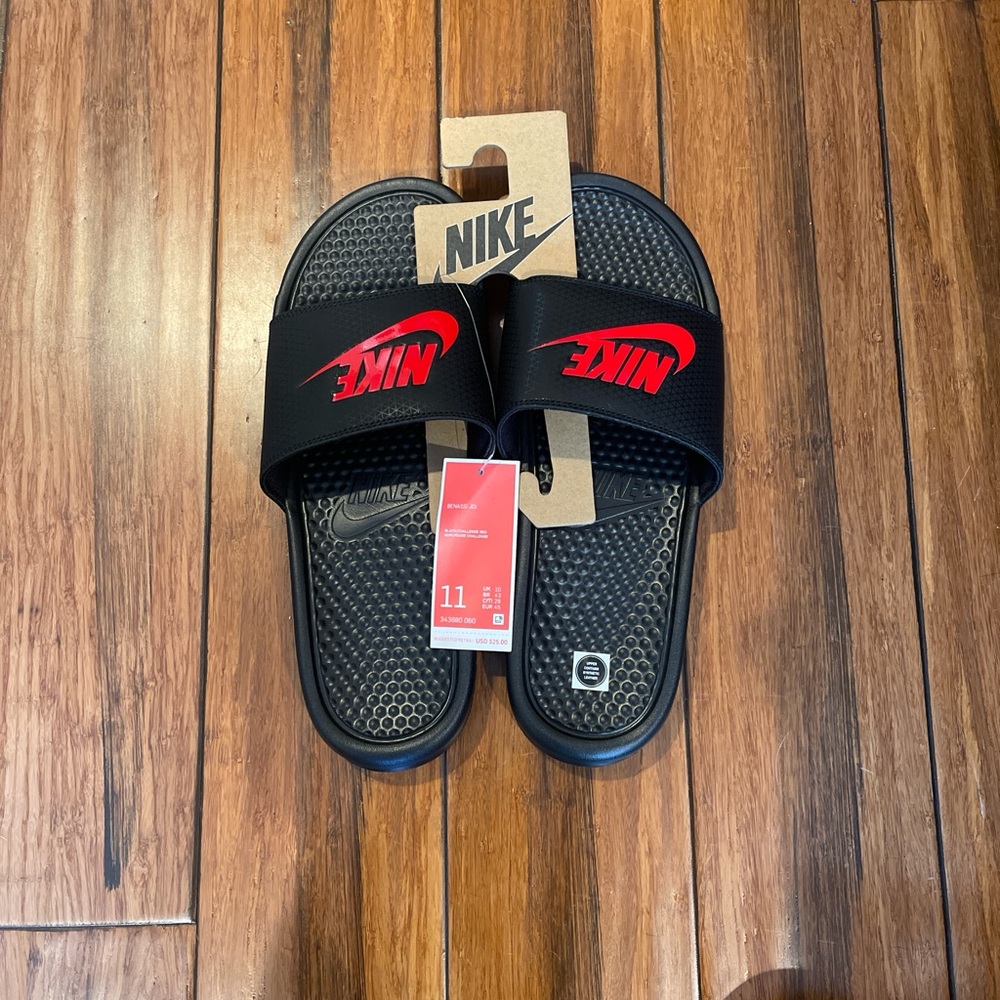 Nike Black and Red Slide Sandals